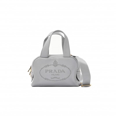 PRADA 2WAY BAG IN CALFSKIN, LIGHT GREY LEATHER 1BH078 (25*16*10cm) 